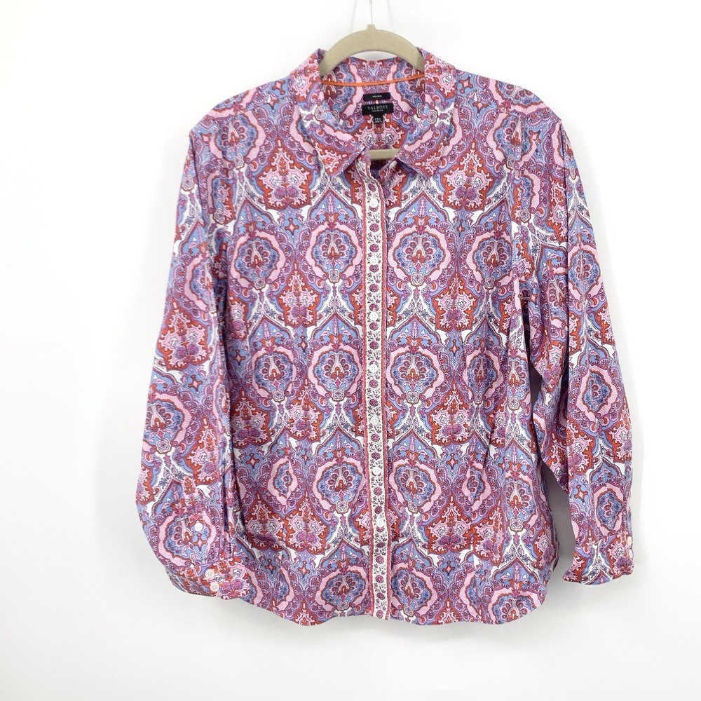 Talbots Women Size 22W Petite Shirt Button Down Top Non Iron Pink Red Paisley